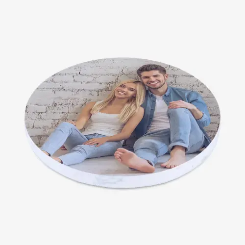 Photo gift of couple on white marble coaster