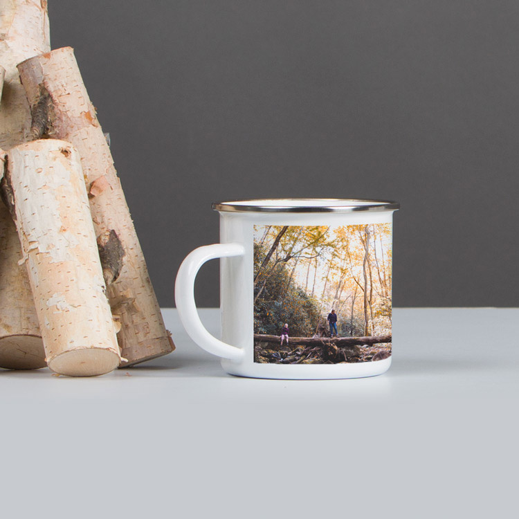 Custom enamel mug featuring a scenic outdoor photo