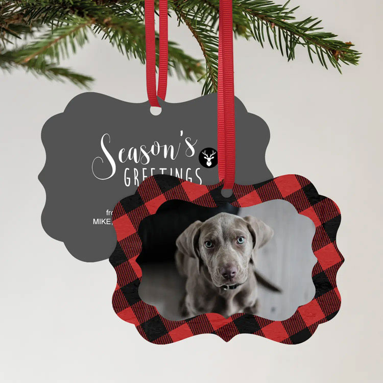 Custom metal photo Christmas ornament, featuring a pet photo